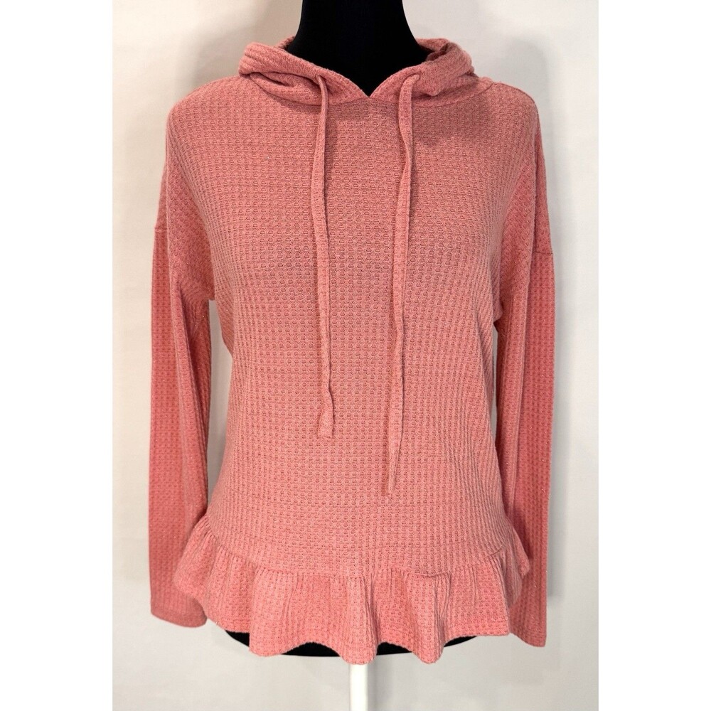 Lauren Conrad XS Pink Hooded Waffle Knit Sweater Long Sleeve Ruffle